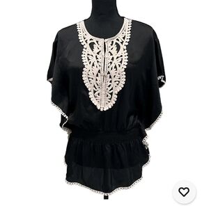 Studio Y Black Blouse with Cream Embroidery